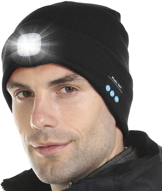 Bluetooth Beanie Hat with Light, Unisex LED Cap with Headphones Built-In Stereo Speakers & Mic, Tech Gift for Men Women Dad Black